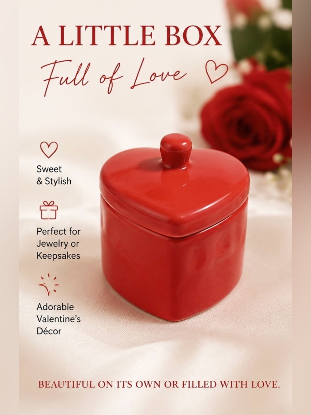 Red Heart Shaped Trinket Box Ceramic Jewelry Box Valentine’s Day Keepsake Decor